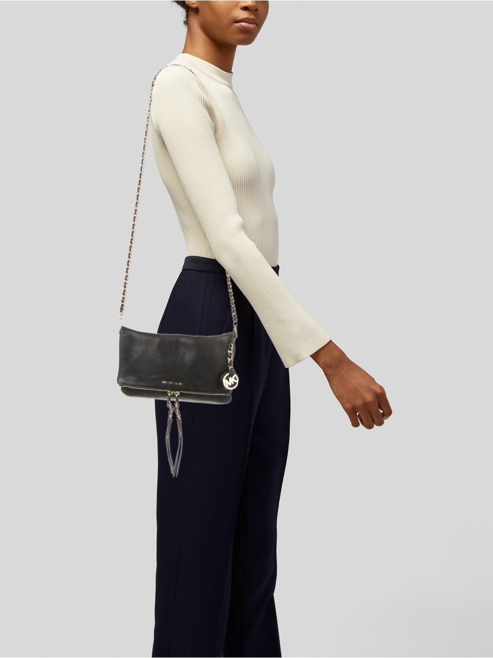 Michael Kors Black Pebbled Leather Chain-Trim Crossbody Bag with Tassel Zipper - Picture 4 of 7
